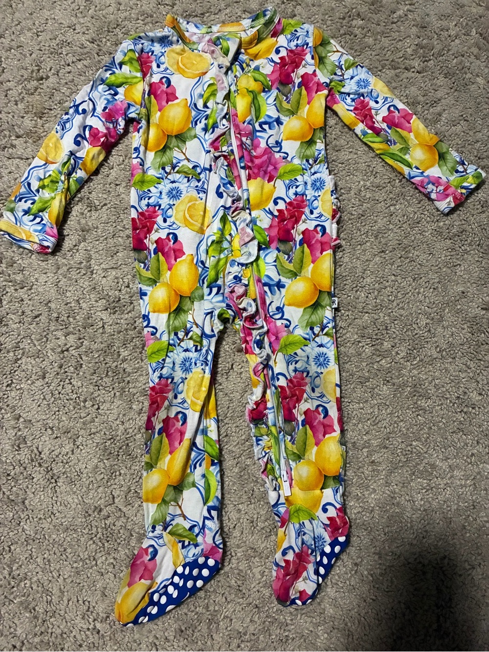 Bums and Roses Carpe Lemon ruffle footie 12-18 months